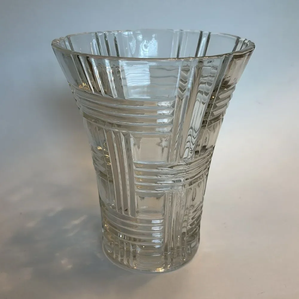 Vintage Anchor Hocking Clear Basket Weave Glass Vase Prismatic Criss Cross